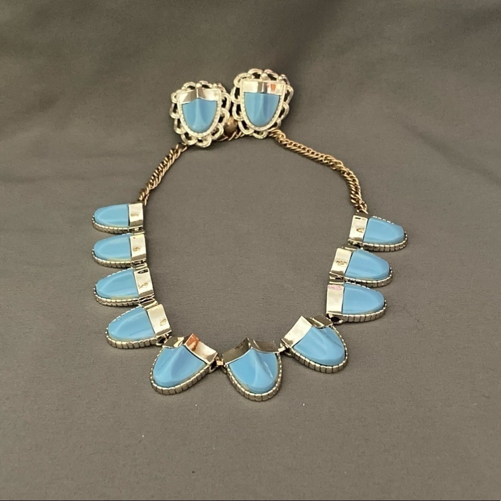 Vintage necklace and clip on earring set Silvertone and blue insets